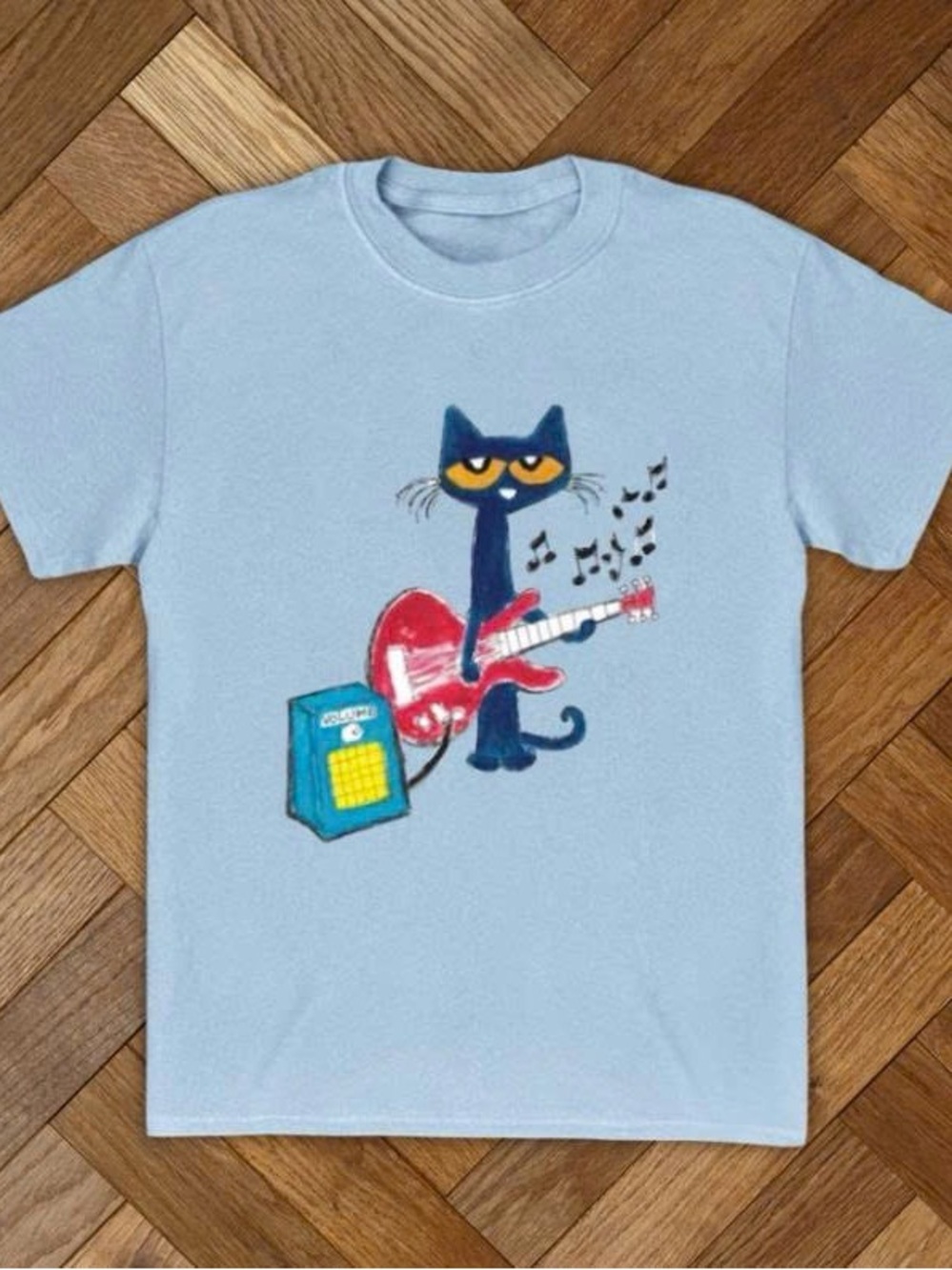 Light Blue Tee with Navy Cat & Red Guitar Graphic